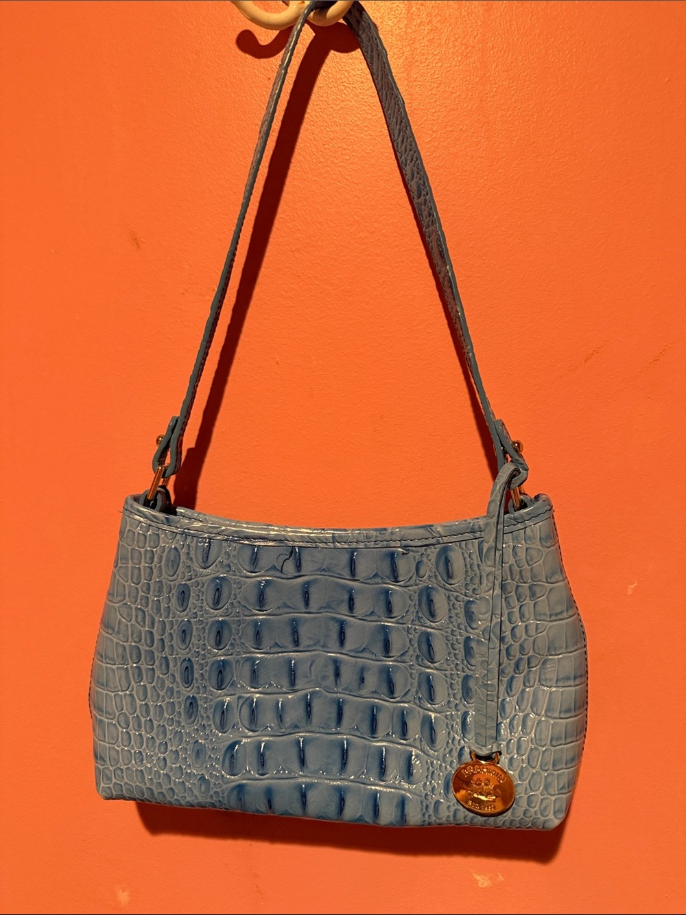 Brahmin Blue Croc-Embossed Shoulder Bag with Gold Medallion